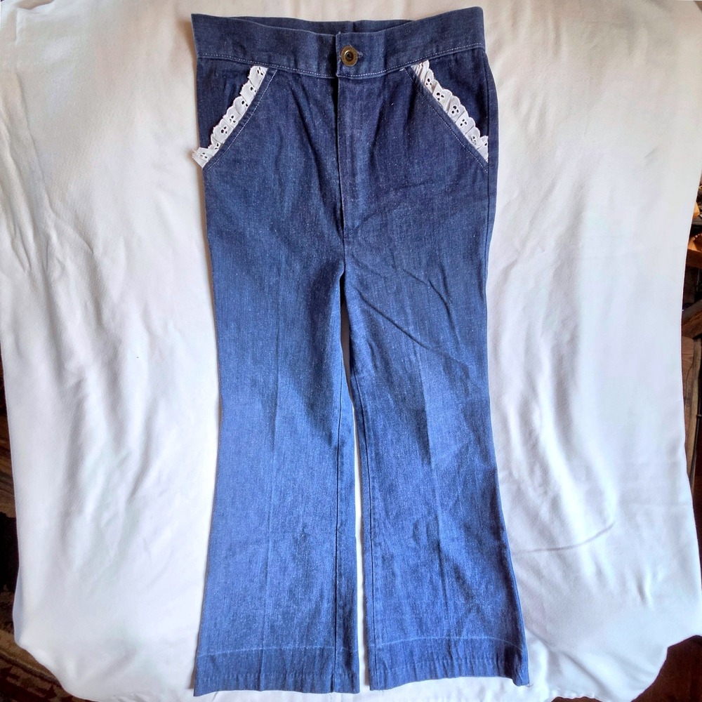 Girltown Vintage 70s Jeans Size 14 Blue Denim Lace Trim Wide Leg Kids Pants 1322